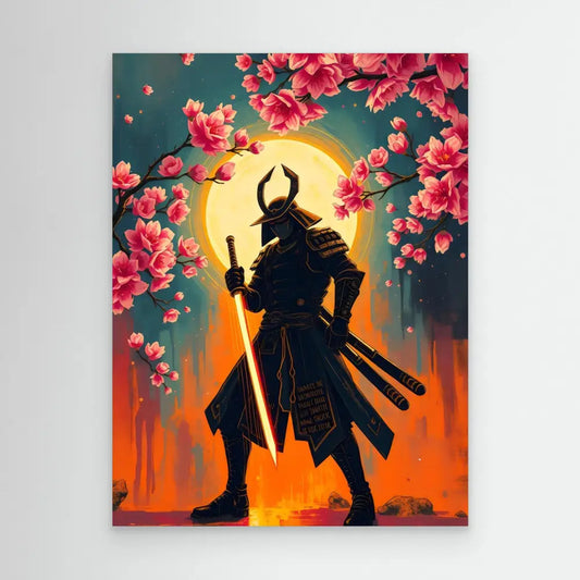 Silhouetted samurai warrior with horned helmet standing with drawn sword amid cherry blossoms.