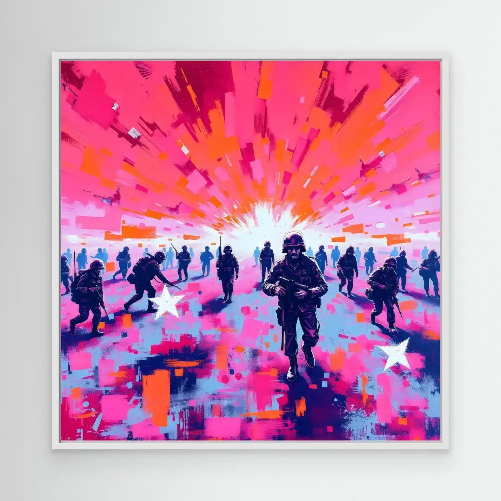 Silhouetted soldiers move across a vibrant pink and orange battlefield.