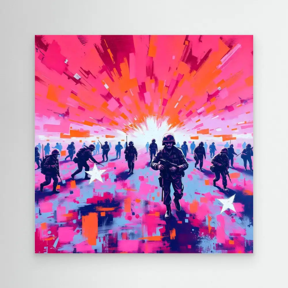 Silhouetted soldiers move across a vibrant pink and orange battlefield at sunset.