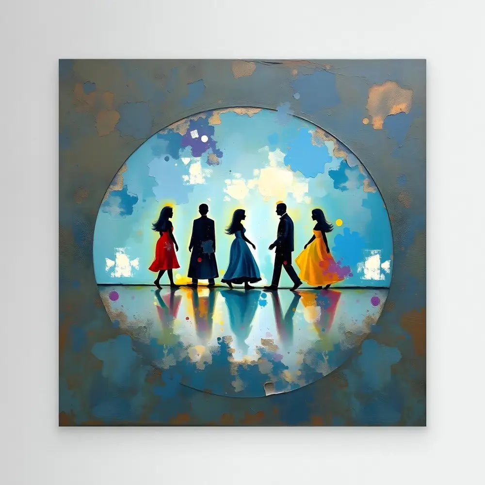 Silhouettes of five people walking in colorful clothing against a bright circular backdrop.