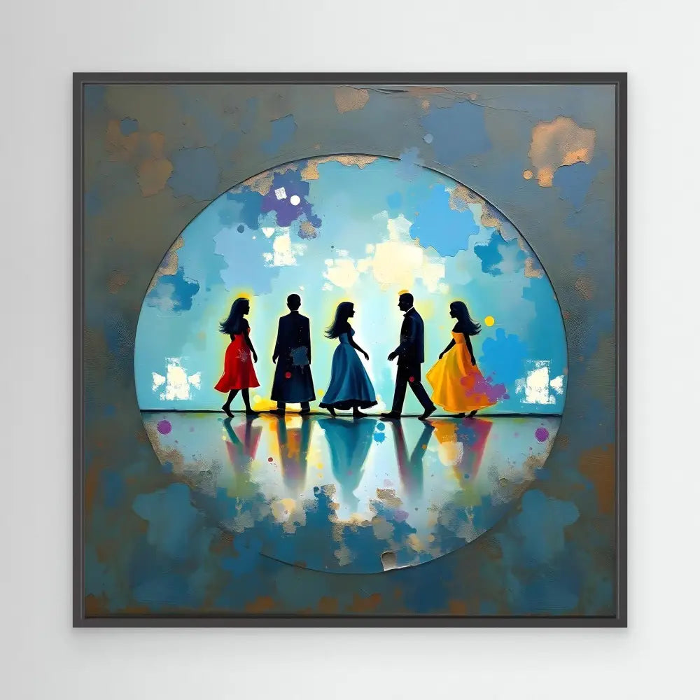 Silhouettes of five people walking in colorful clothing against a bright circular backdrop.