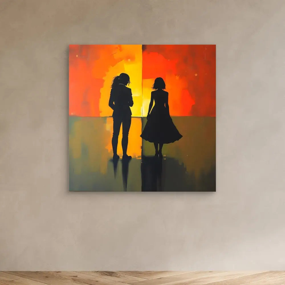 Silhouettes of two figures standing against a vibrant orange sunset backdrop.