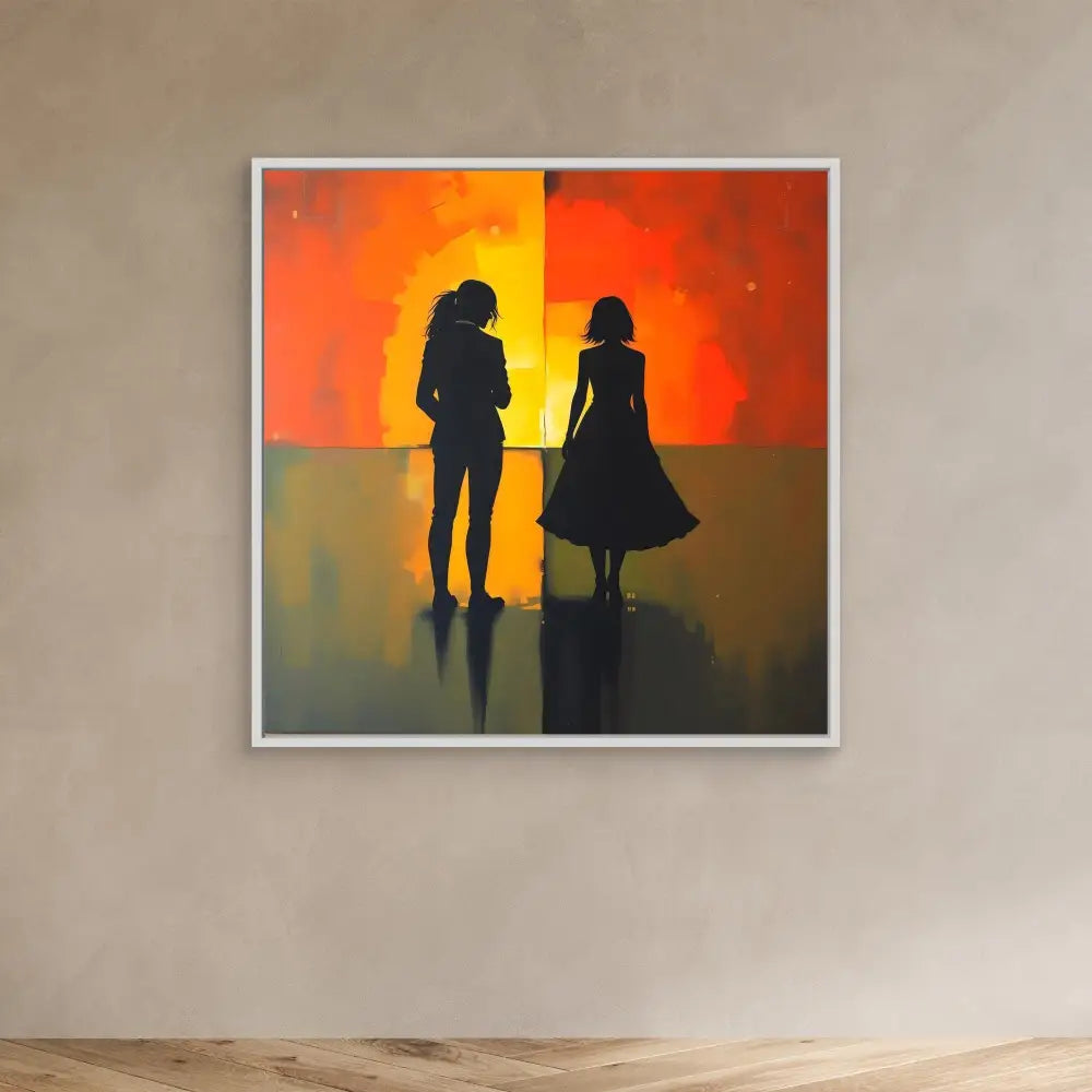 Silhouettes of two people standing against a vibrant orange sunset backdrop.