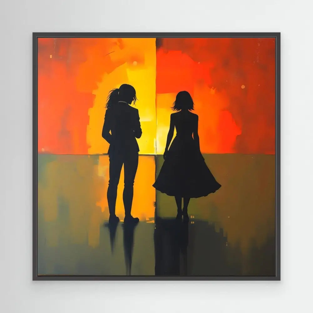 Silhouettes of two people standing against a vibrant orange backdrop.