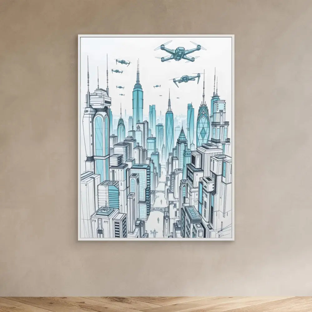 Sketch of a city skyline with flying drones in blue and gray tones.