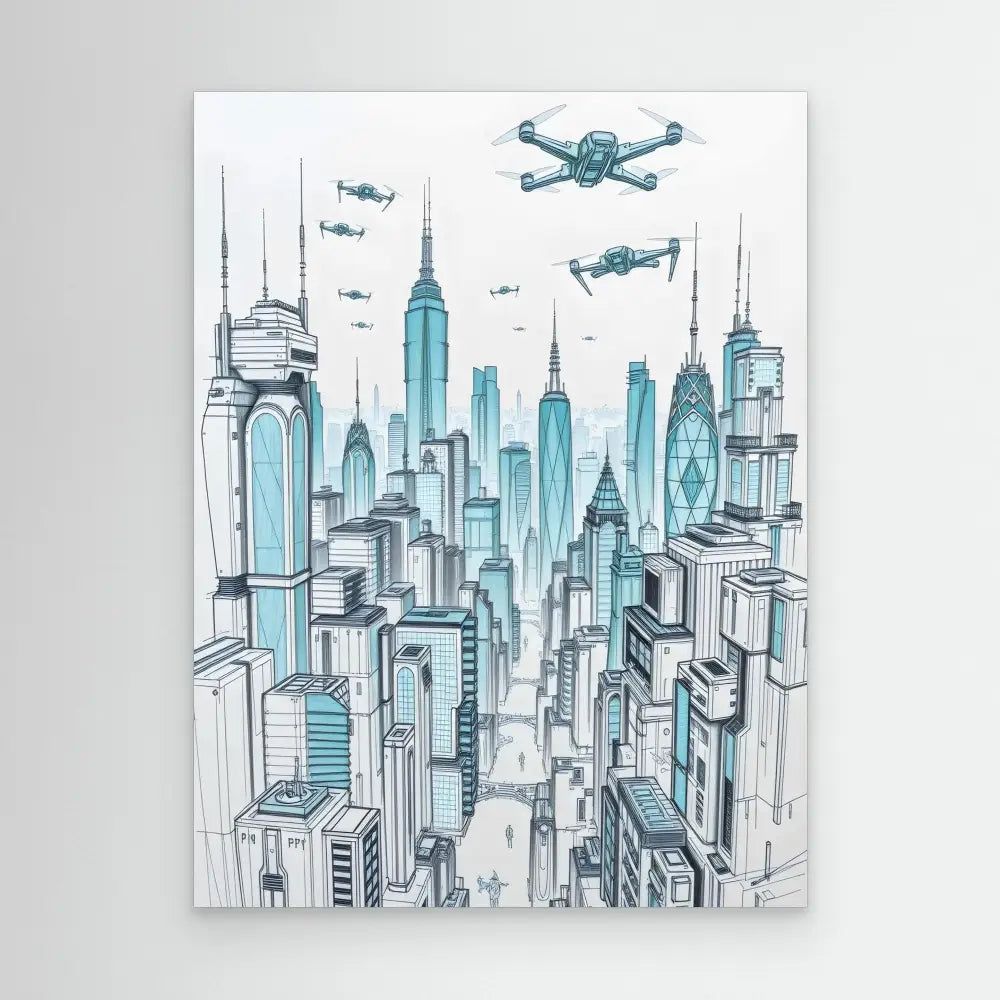 Sketch of a futuristic cityscape with flying drones above skyscrapers.