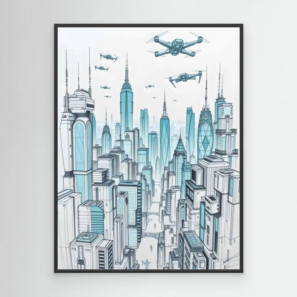 Sketch of a futuristic cityscape with flying vehicles above tall skyscrapers.