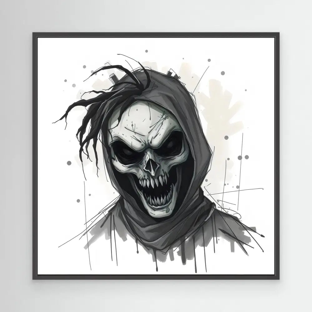 A menacing skull wearing a dark hooded cloak rendered in black and white ink style.