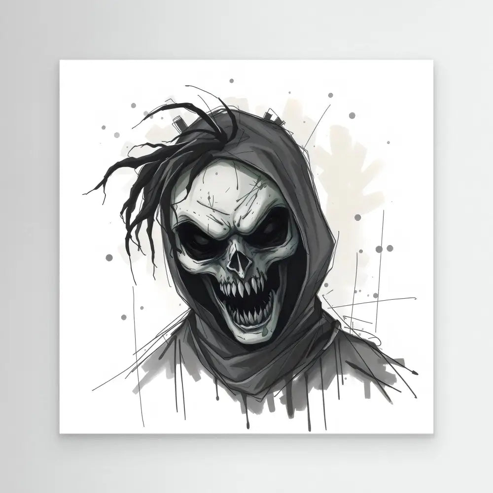 Menacing skull wearing a dark hooded cloak with wild, flowing strands of hair.