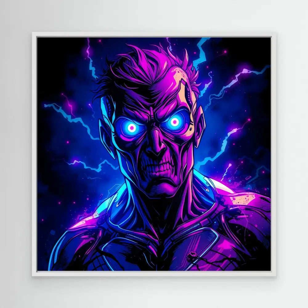 Glowing skull-like figure with electric blue eyes and purple-pink energy coursing through it.