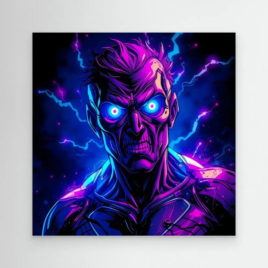 Glowing skull-like figure with electric blue eyes surrounded by pink and purple lightning effects.