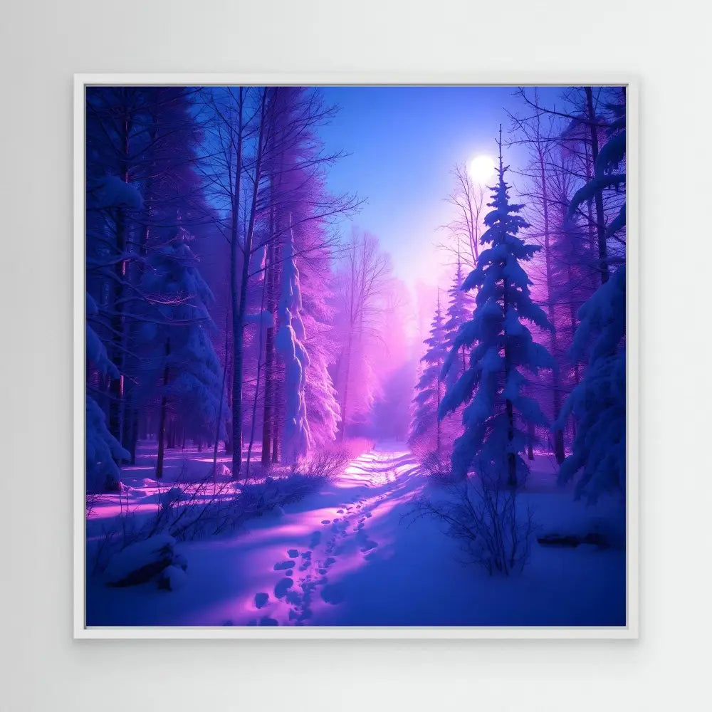 Snowy forest path illuminated by ethereal purple and pink light.