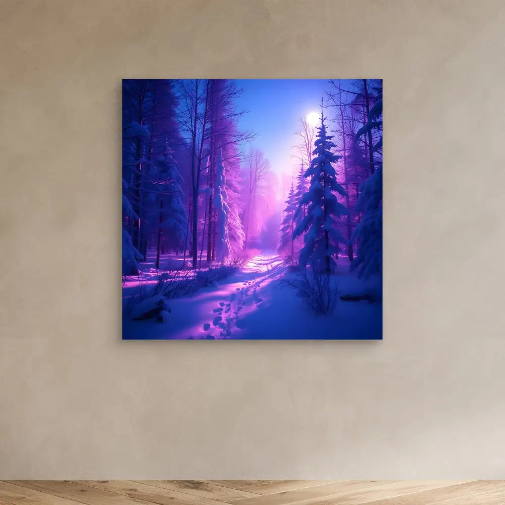 A snowy forest path illuminated by ethereal purple and pink light.