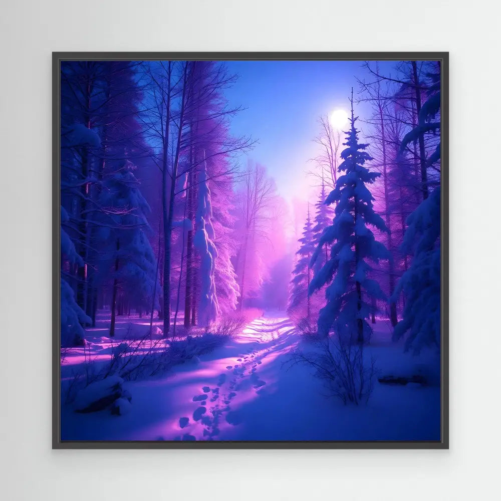 A snowy forest path illuminated by vibrant purple and pink lighting.