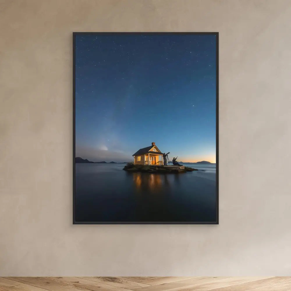 A solitary cabin illuminated at night on a tiny island.