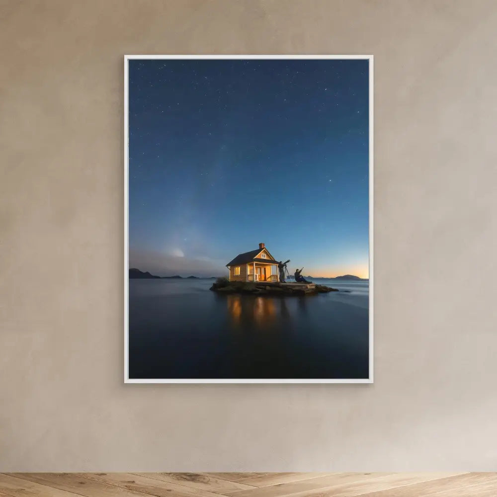 A solitary cabin illuminated at night on a tiny island.