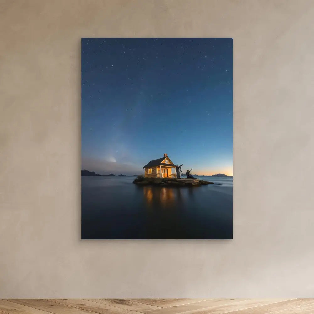 A solitary cabin illuminated at night on a tiny island.