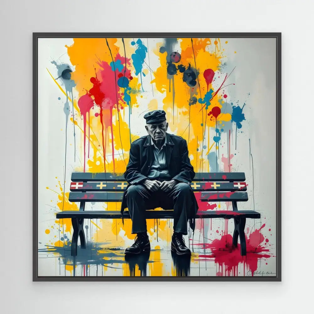 A solitary figure sits centered on a bench amid vibrant paint splatter effects.