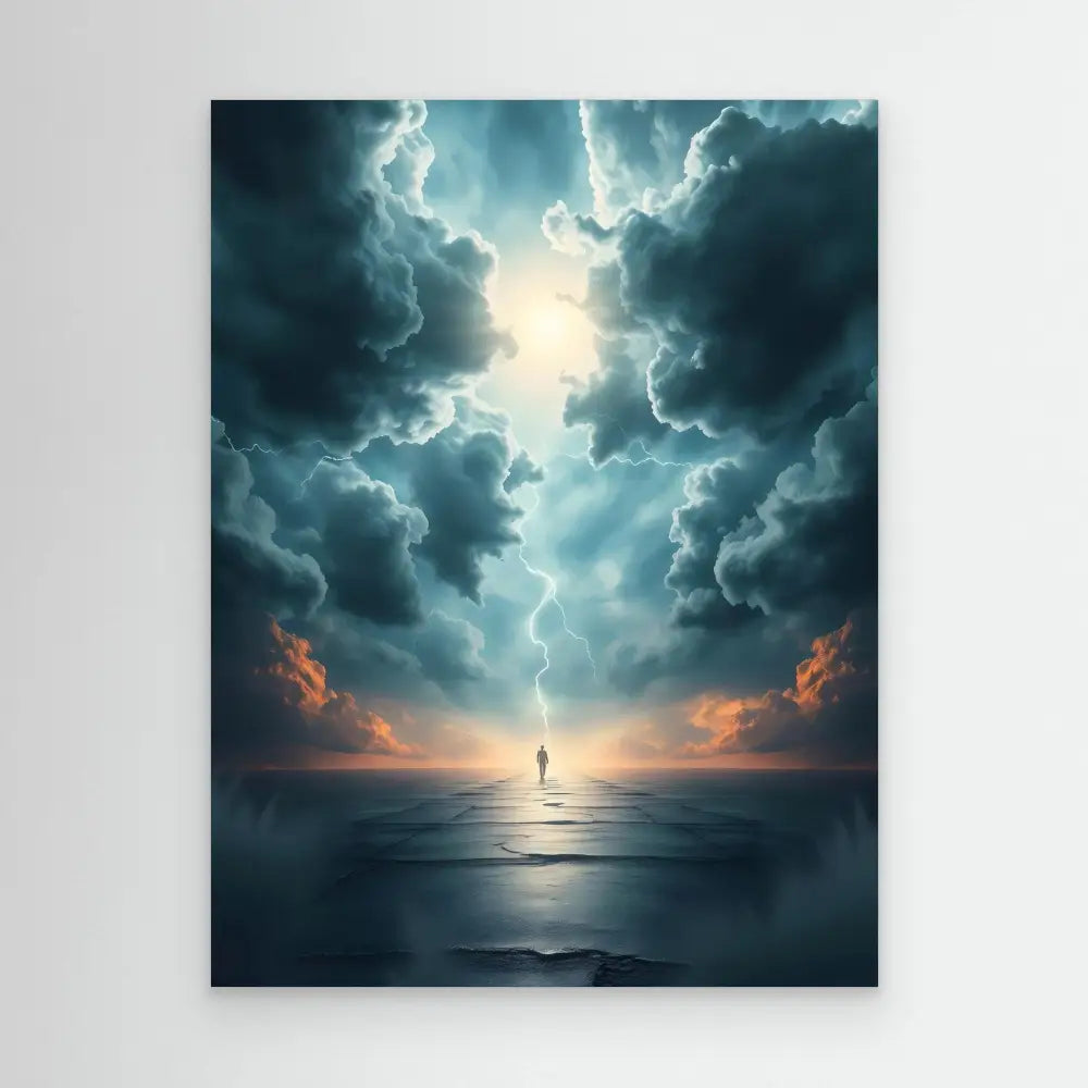 A solitary figure walking on water beneath dramatic storm clouds and lightning.