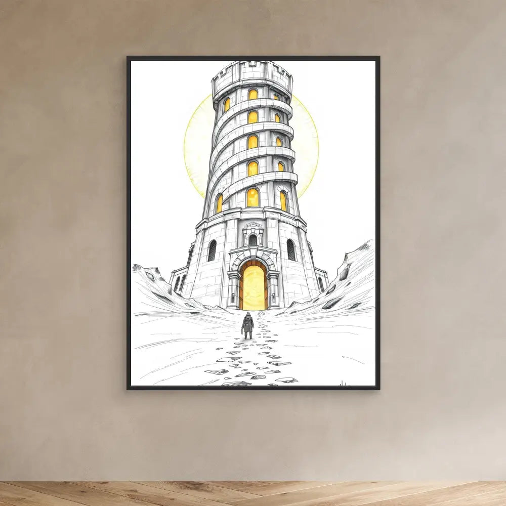 A spiral lighthouse with illuminated yellow windows and a small figure standing at its base.