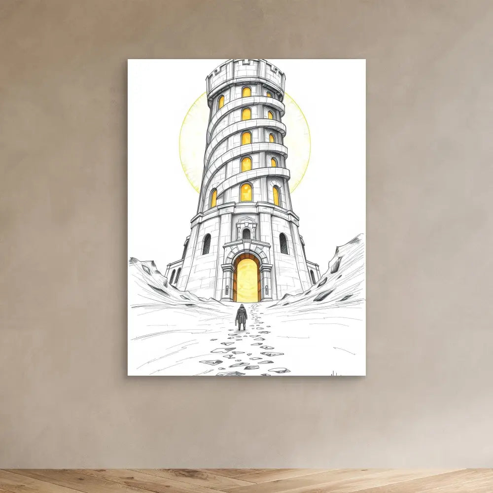 A spiral lighthouse with illuminated yellow windows and a figure standing at its entrance.