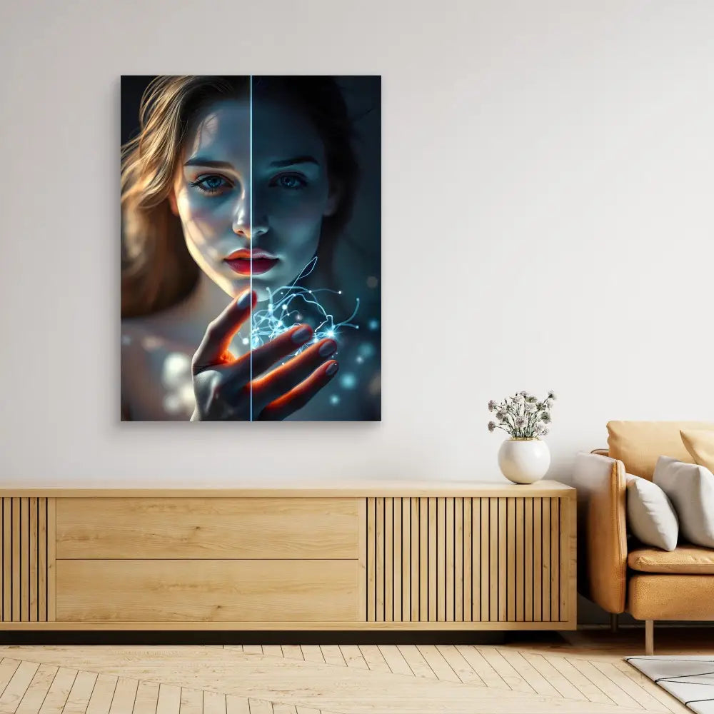 A split-portrait artwork showing contrasting light and dark sides with glowing blue magical elements.