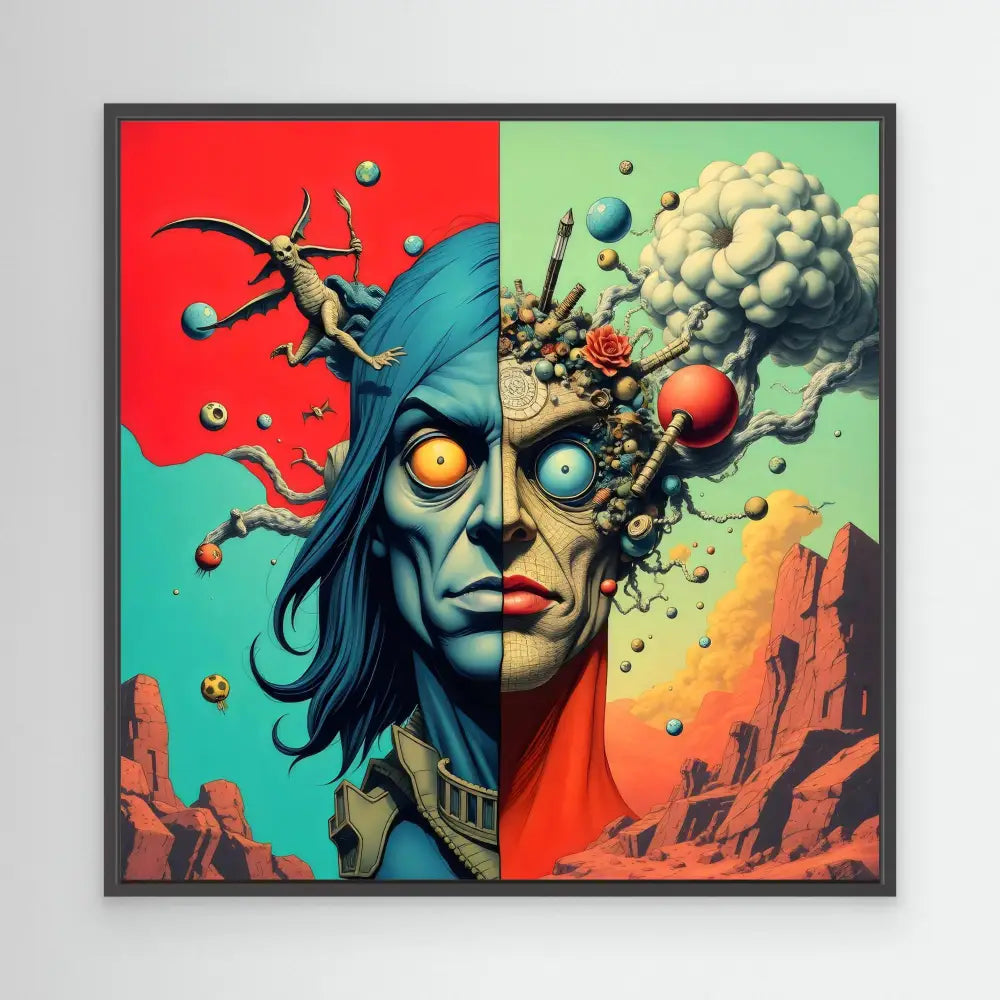 Split portrait showing half of a face with long dark hair and the other half exploding into surreal mechanical and organic fragments with glowing eyes.