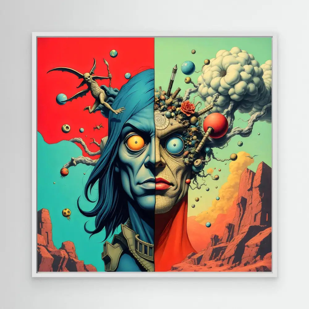 Split portrait showing one half of a face with long dark hair and the other half exploding into surreal mechanical and organic forms.