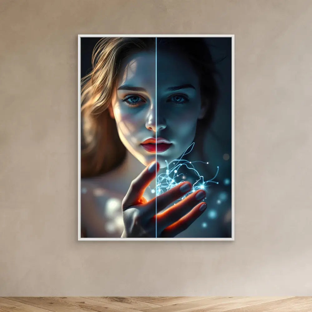 Split portrait showing contrasting light and dark sides with glowing magical elements in the hands.