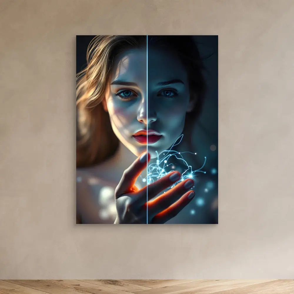 A split portrait showing contrasting light and dark sides with glowing magical energy in the hands.