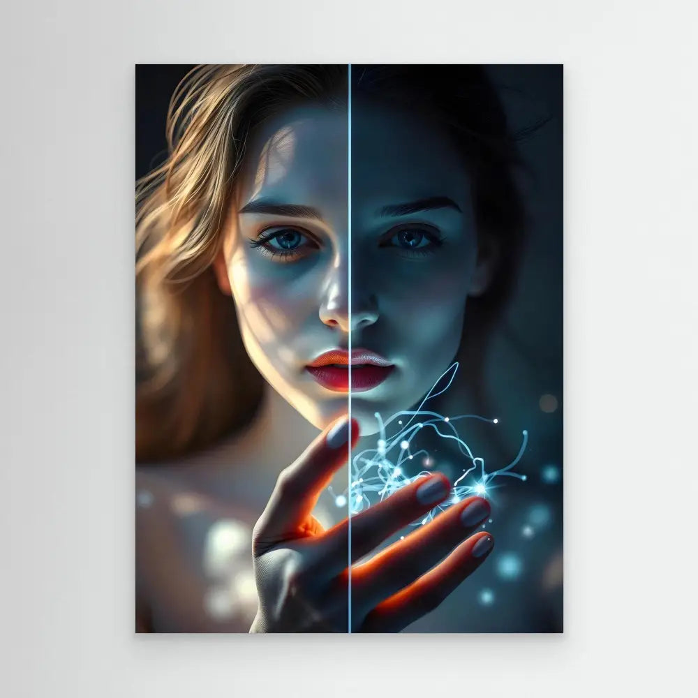 A split portrait showing contrasting light and dark sides with glowing magical energy cupped in hands.