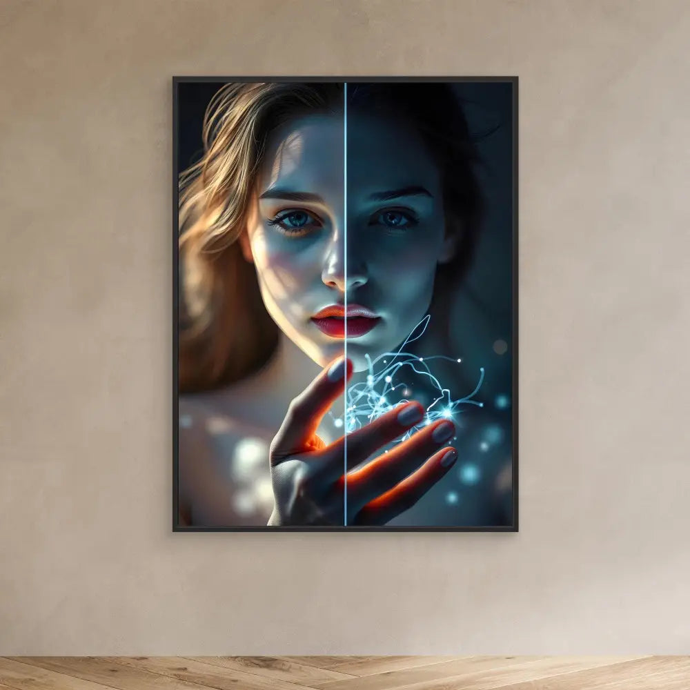 Split portrait showing contrasting light and dark sides with glowing magical energy effects.