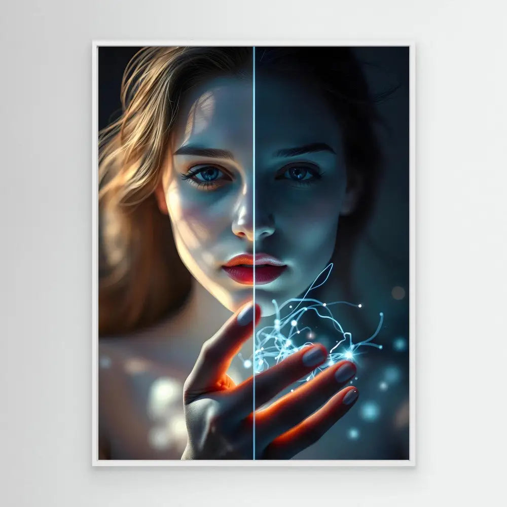 A split portrait showing contrasting light and shadow with glowing magical energy emanating from cupped hands.