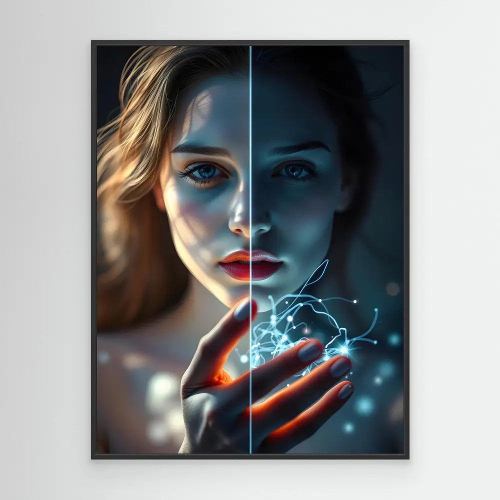 A split portrait showing contrasting light and shadow with glowing magical energy cupped in hands.