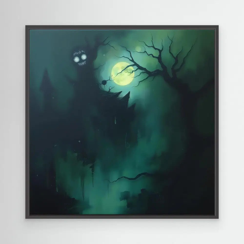 Spooky glowing eyes peer through a misty forest beneath a full moon.