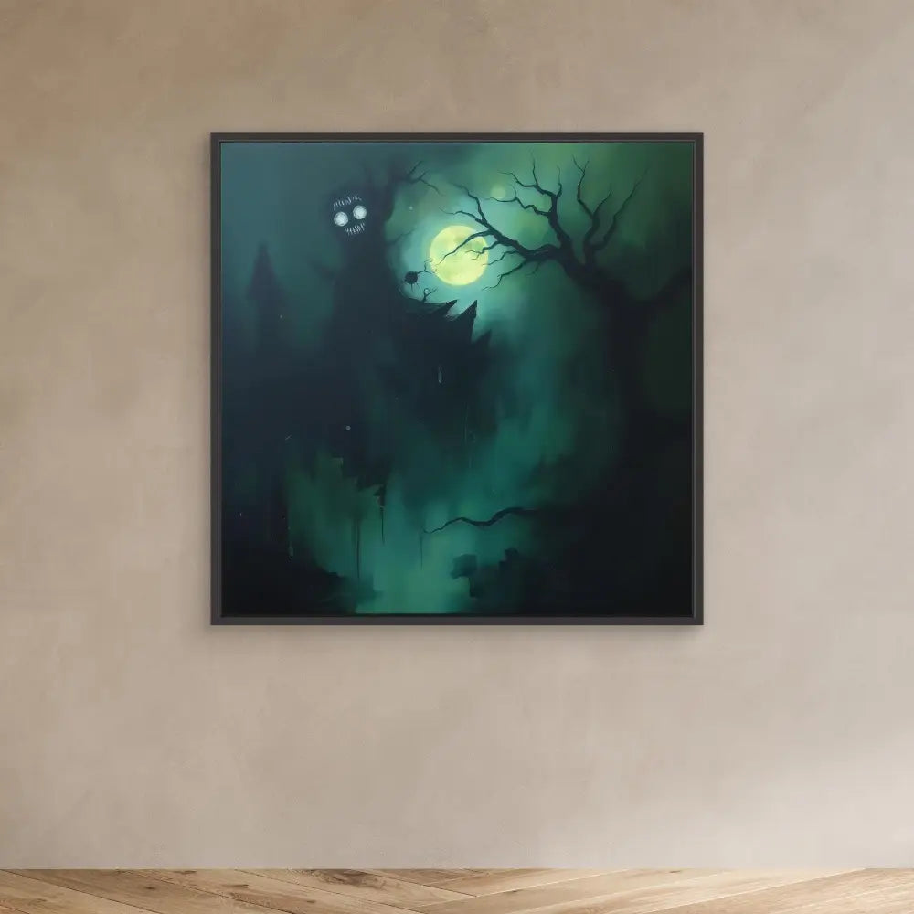 Spooky forest painting with a glowing full moon behind bare tree branches in misty green tones.