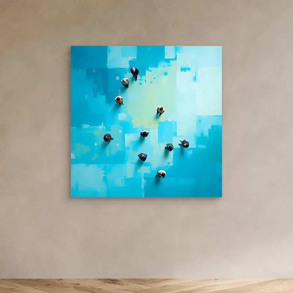 Square abstract artwork featuring black birds scattered across a blue and turquoise pixelated sky.