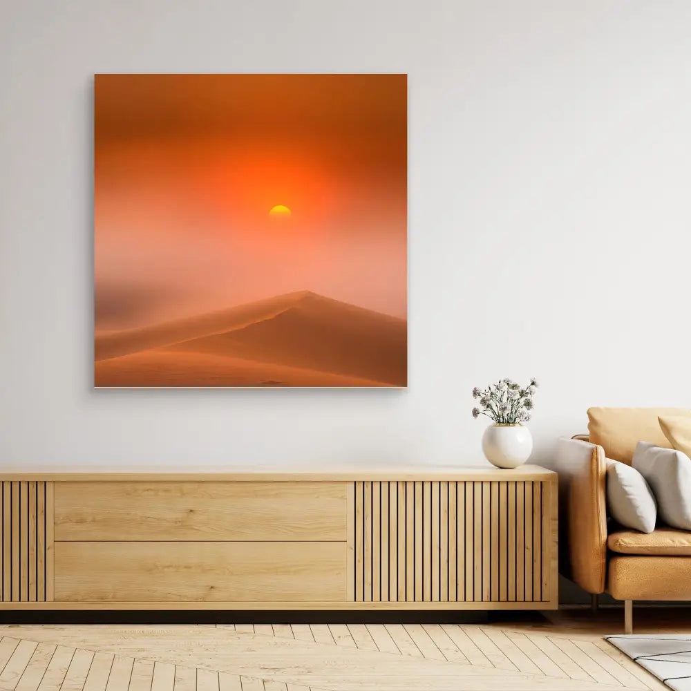 Square canvas artwork depicting a desert sunset over sand dunes in orange and red tones.