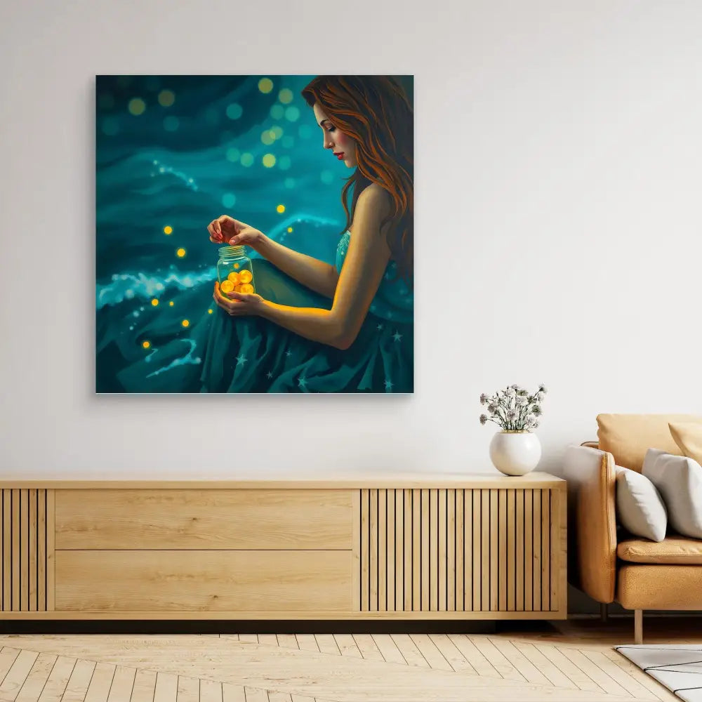 A square canvas artwork featuring a dreamy scene with fireflies and a figure in a dress.