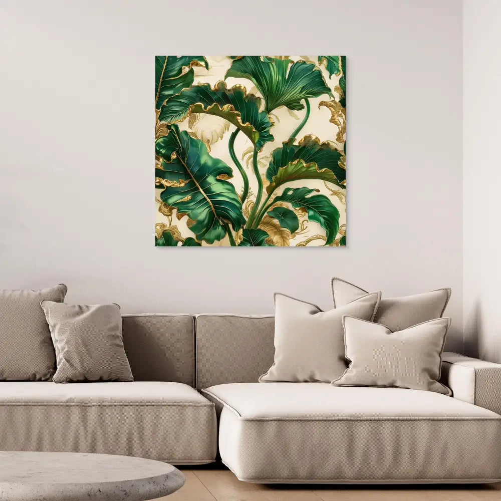 A square canvas artwork featuring vibrant green tropical leaves against a cream background.