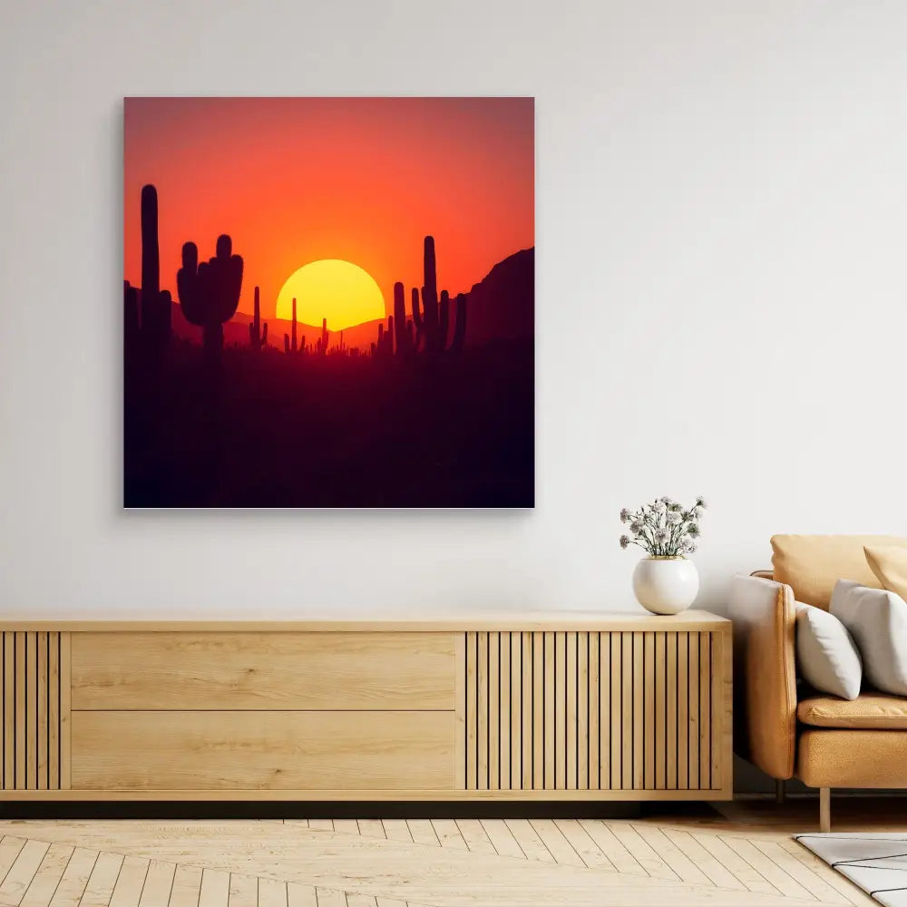 Square canvas print featuring a desert sunset with silhouetted saguaro cacti.