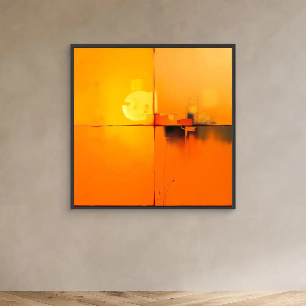 Square orange-tinted artwork divided into four panels showing a sunset with a silhouetted structure.