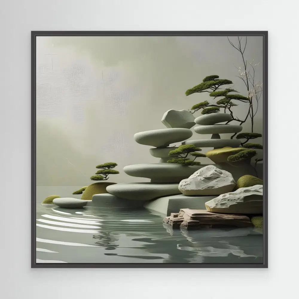 Stacked rocks and bonsai trees create a zen-like formation at water’s edge.