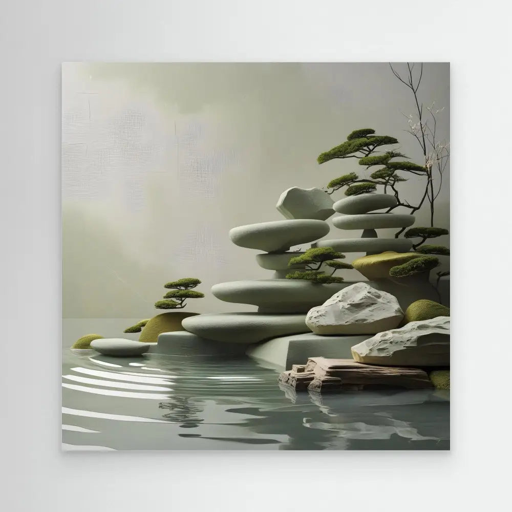 Stacked rocks and bonsai trees create a zen-like formation at the water’s edge.