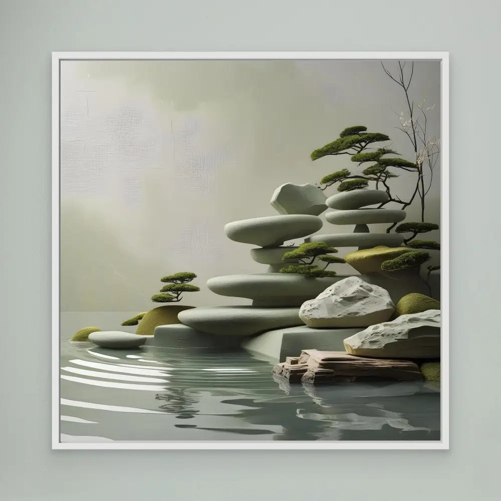 Stacked stones with small bonsai-like plants growing between them beside calm water.