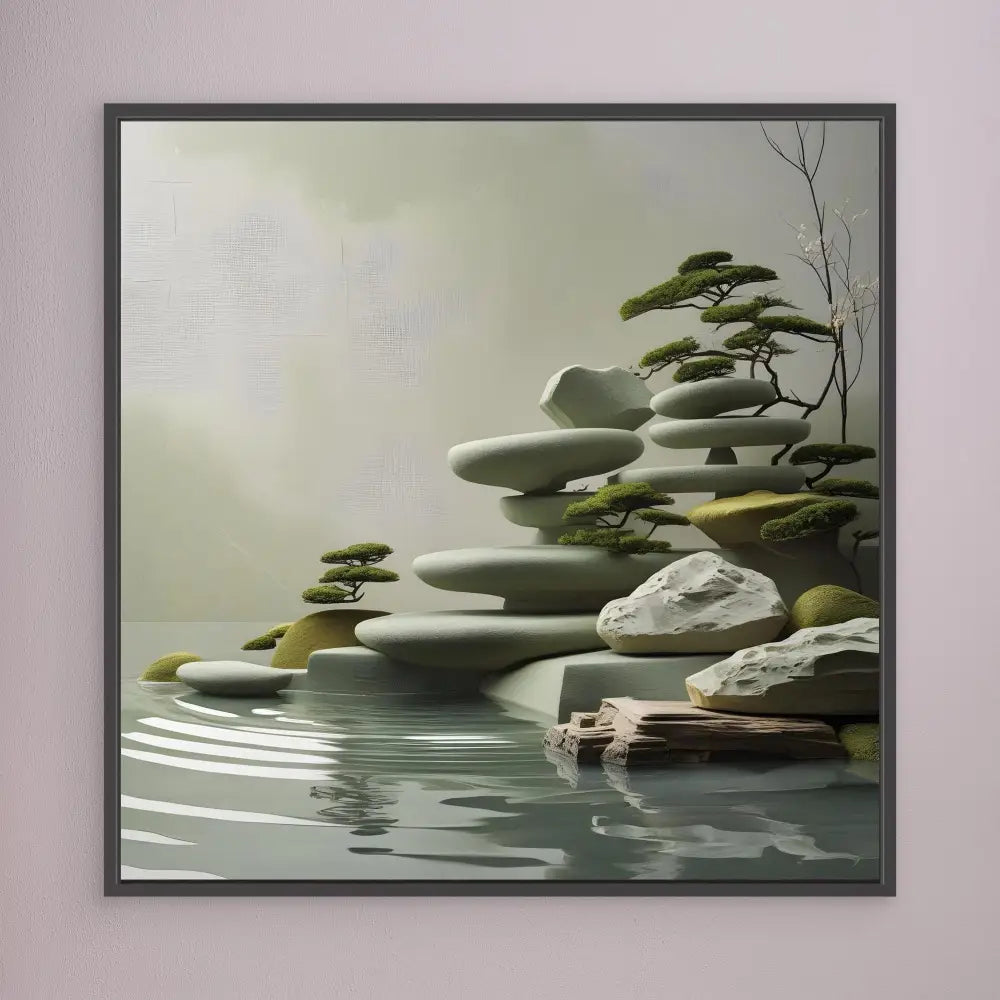 Stacked stones with small bonsai-like plants growing between them beside reflective water.