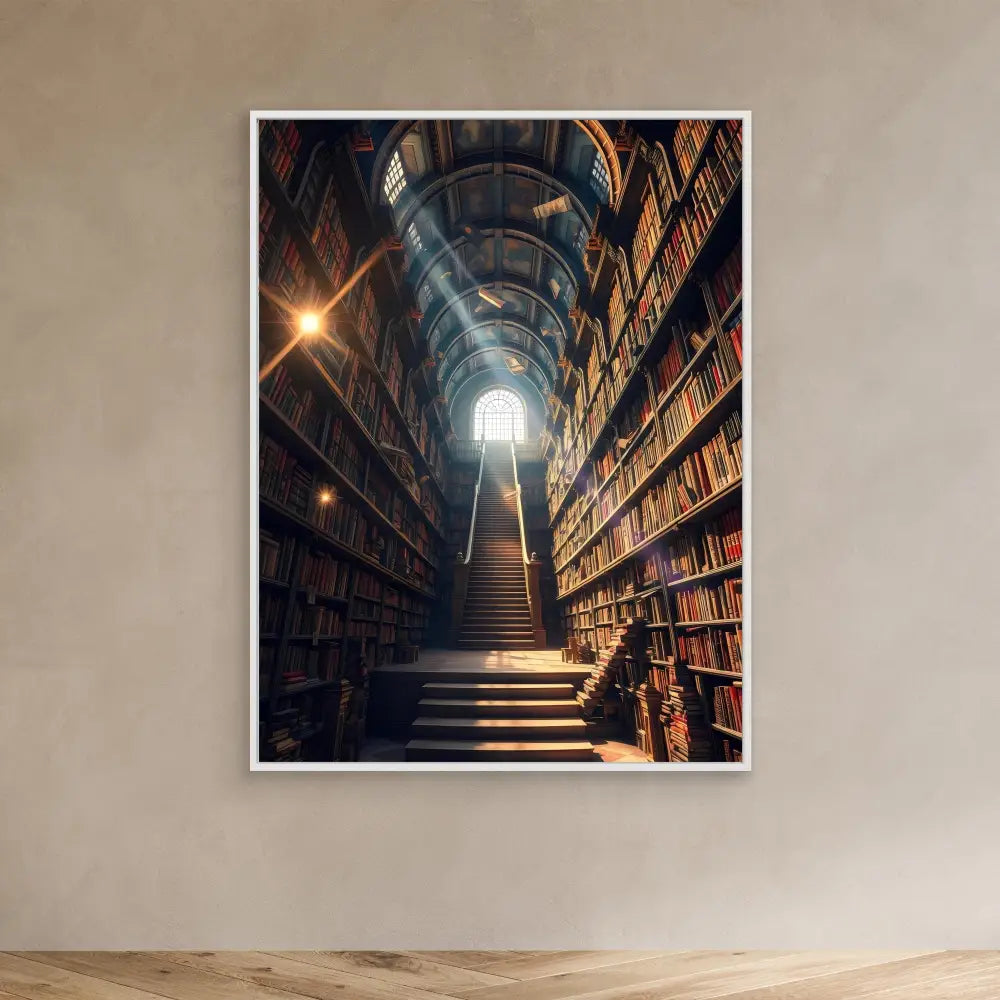 A staircase ascending between towering bookshelves illuminated by natural light from above.