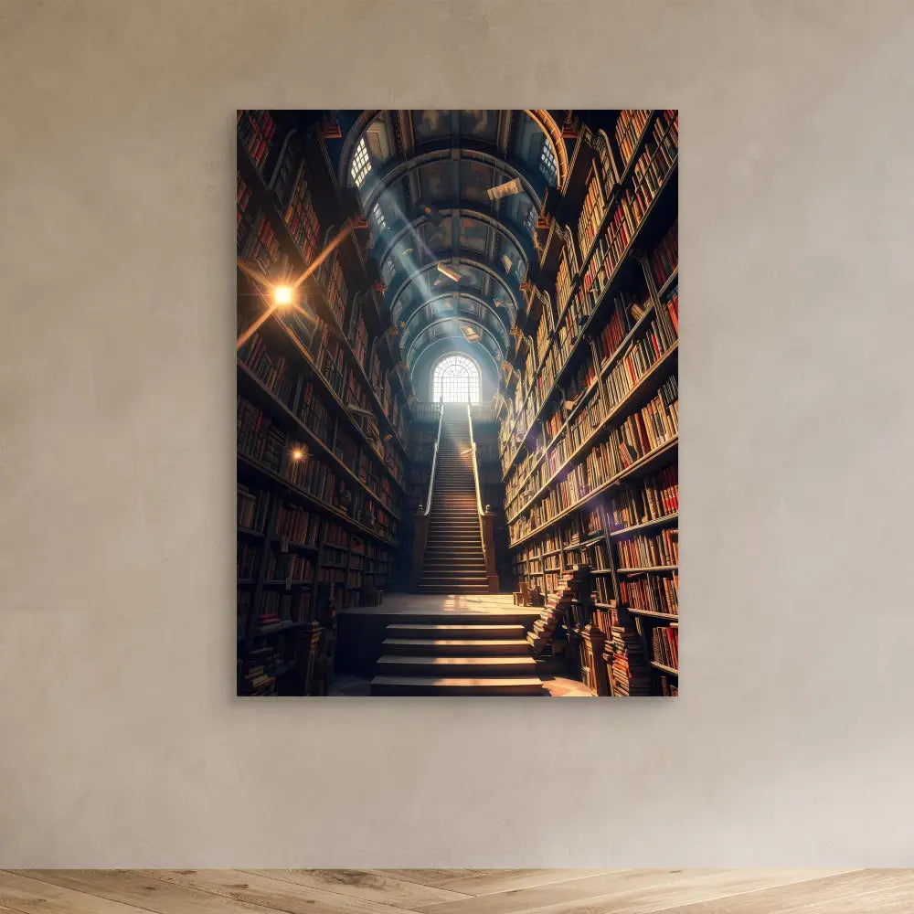 A staircase ascending between towering bookshelves illuminated by overhead light.