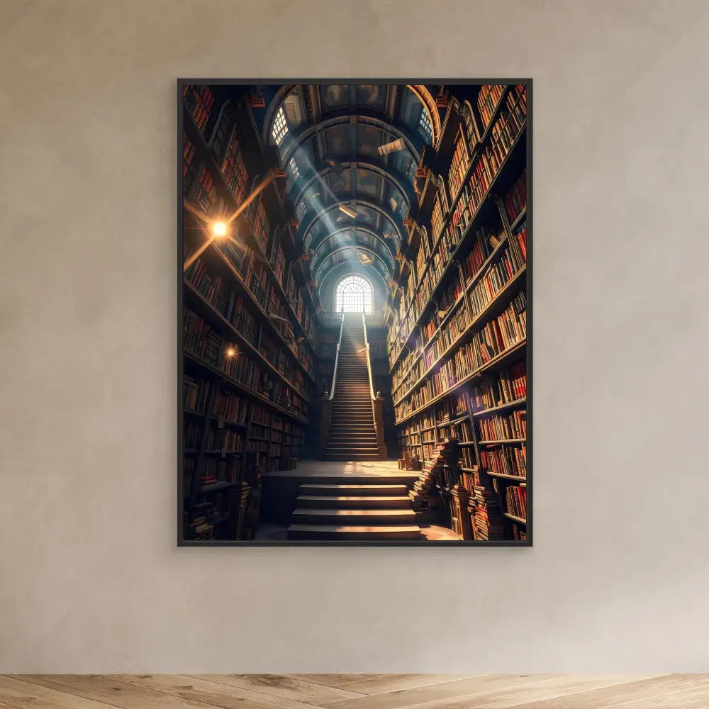 A staircase ascending between towering bookshelves illuminated by overhead light.