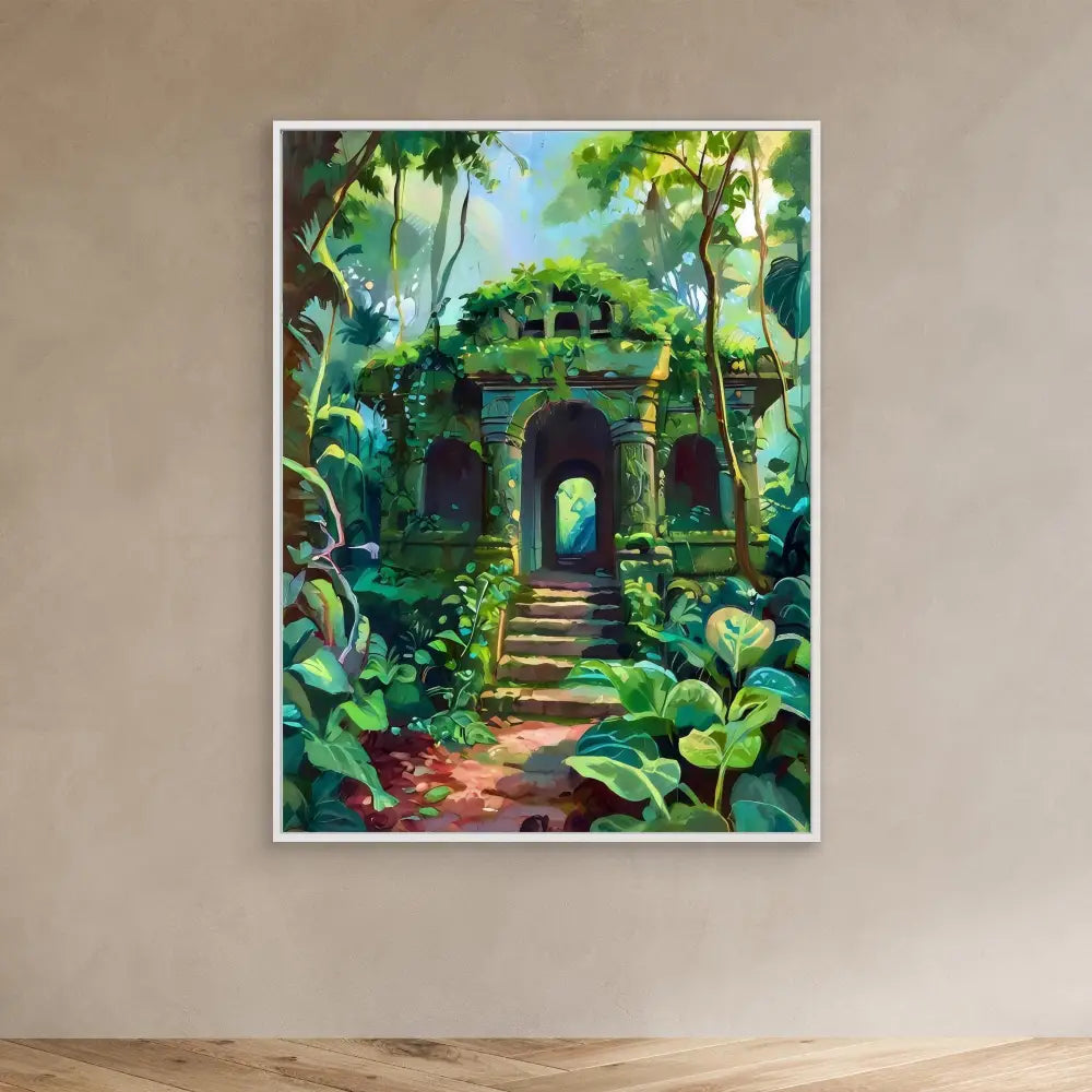 Stone archway covered in lush green foliage with steps leading up to it.